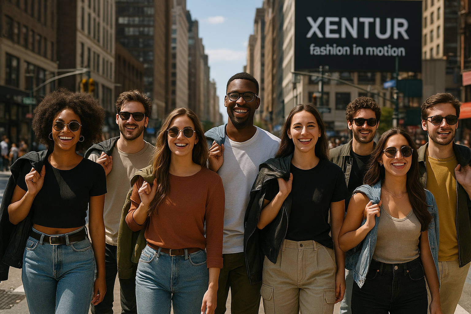 4 women and 4 men are walking down a busy NEWYORK street on beautiful sunny day wearing urban style clothing and of them wearing sunglasses and looking happy. 4 of them are holding a jacket on they right shoulder. behind them is a sign that reads XENTUR fashion in motion 