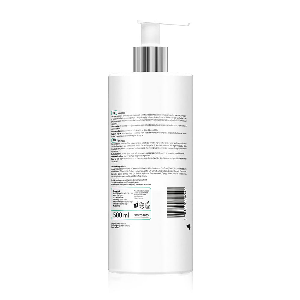 Apis APIS API-PODO Regenerating & Moisturising Foot Cream with 20% Urea and Ionised Silver – Intensive hydration for dry, rough feet | 500ml
