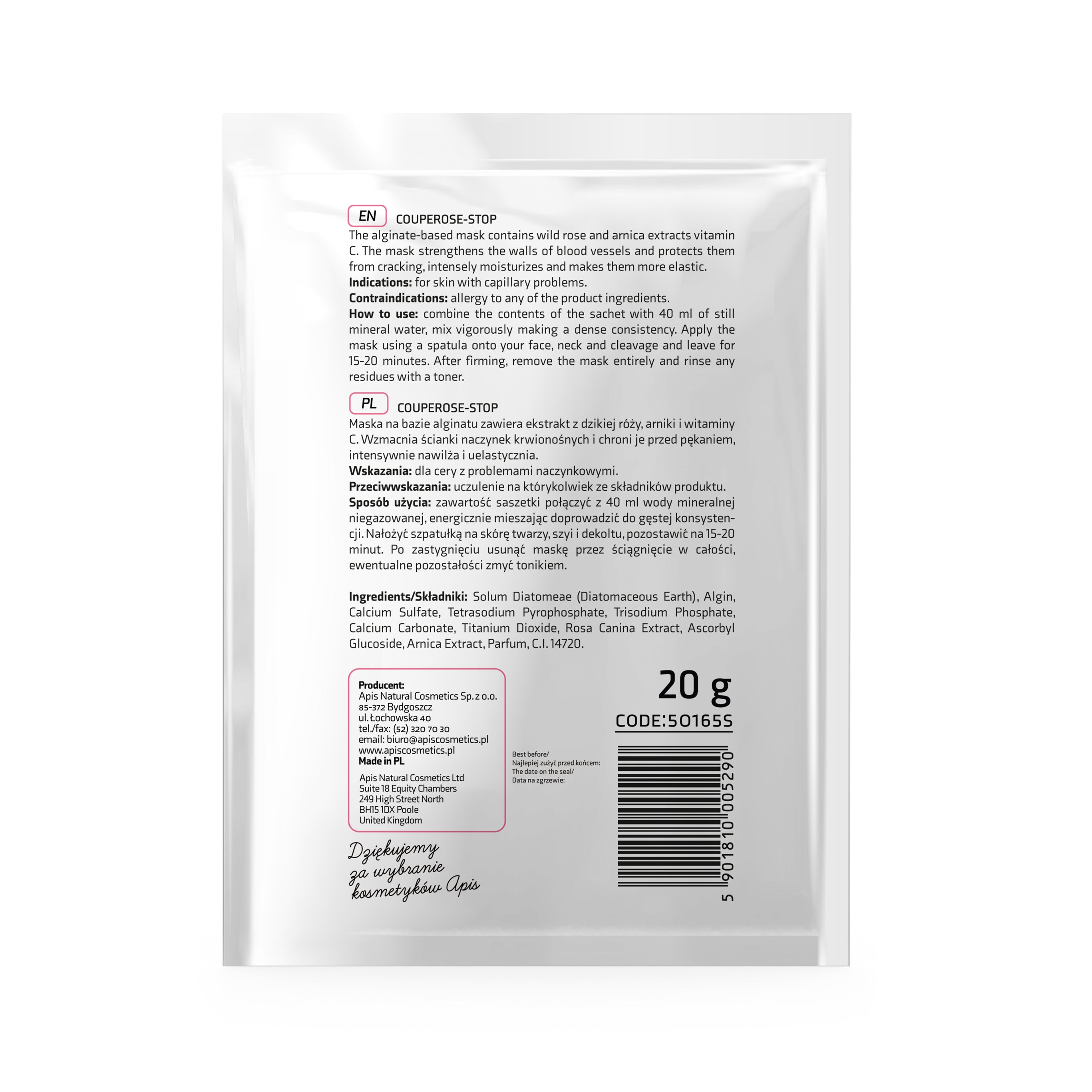 Apis Couperose‑Stop Algae Mask with Wild Rose & Vitamin C | 20 g
