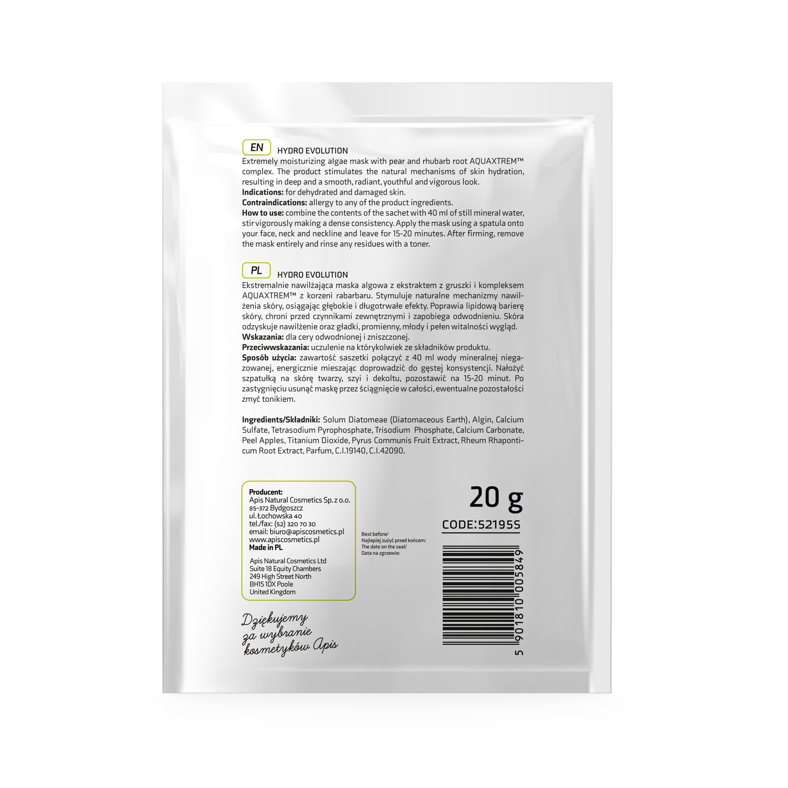 Apis Hydro Evolution Moisturising Algae Mask Pear & Rhubarb | 20g