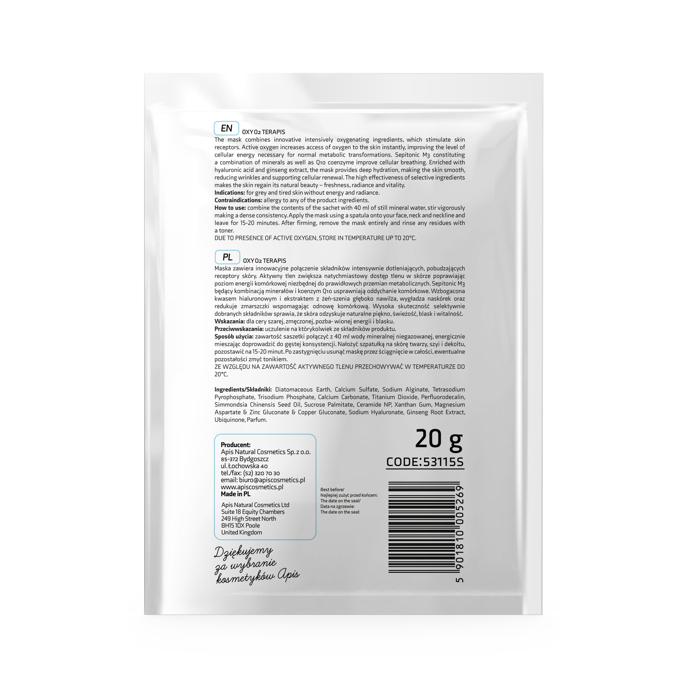 Apis Oxy O2 Oxygenating Algae Mask with Active Oxygen | 20g